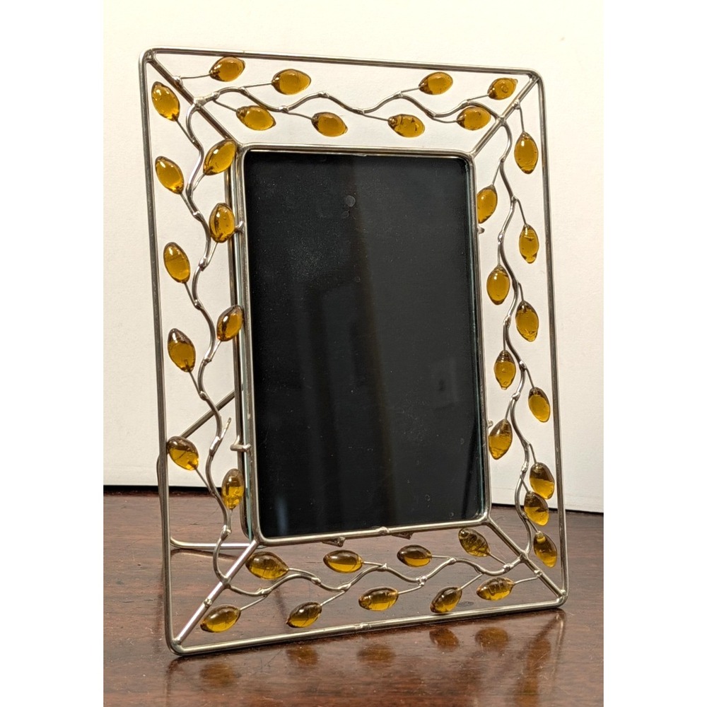 Silver Tone Wire Picture Frame Amber Glass Leaf Beads Vine Design Tabletop 4x6